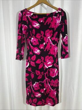Diane von Furstenberg Silk Floral Dress Size 6 Pink Black Sheath Cocktail DVF